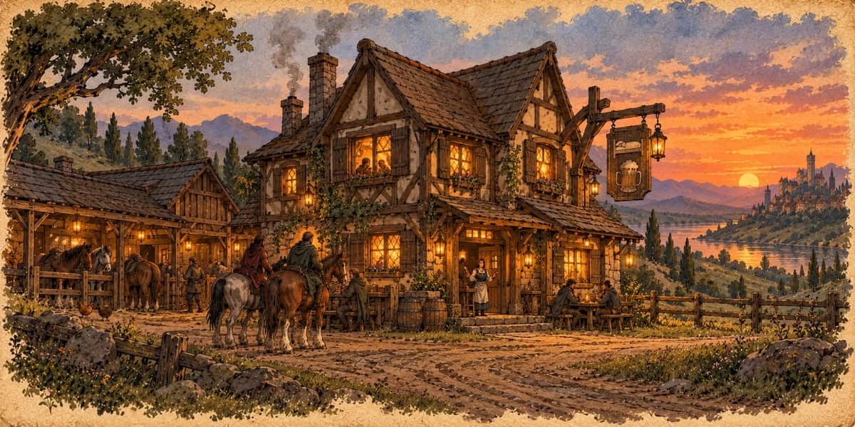 A timber-framed roadside inn with glowing windows and a stable at dusk
