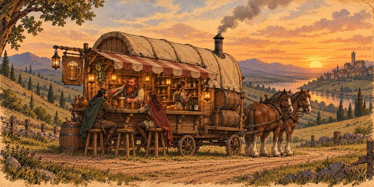 A travelling tavern wagon serving ale to travellers on a hillside road at sunset